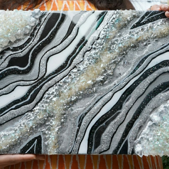 Silver and Black- Geode art piece (Resin) - Picture 3 of 8